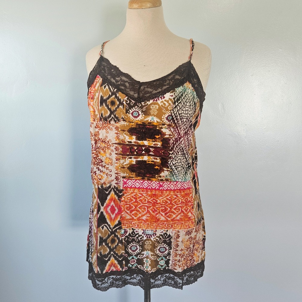 Pout Y2K Womens XL Patchwork Print Lace Trim Camisole Boho‎ Spaghetti Strap Top